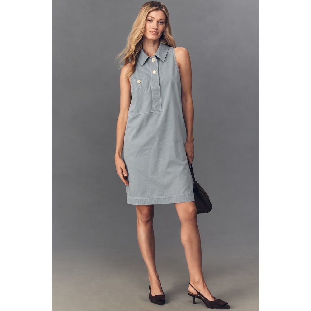 Lafayette 148 New York Blue Gray Cotton Stretch Sleeveless Shirt Dress XL - Picture 2 of 7
